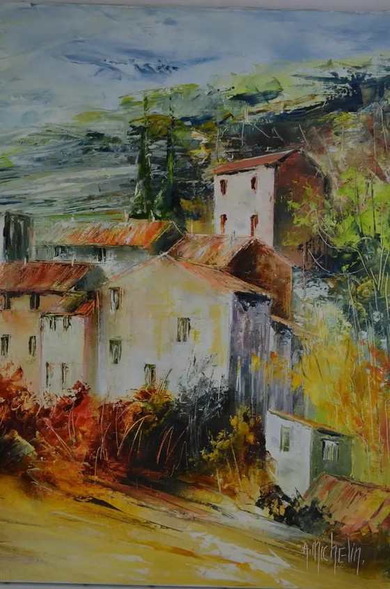 Ölgemälde von Agnes Michelin im impressionistischen Stil, spätes 20. Jahrhundert, "Dorf in Burgund, bei (photo 4 of 11)