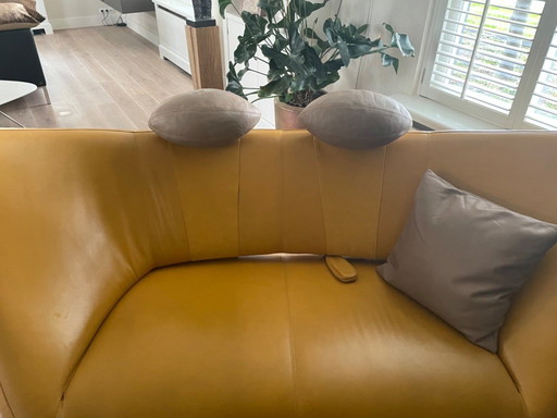 Leolux, canapé Danaïde, cuir jaune, coussins en cuir taupe