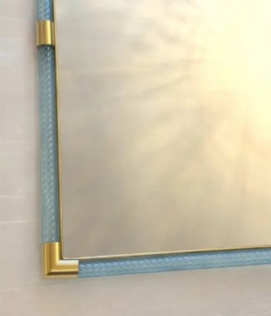 Image 1 of Moderner hellblauer Spiegel im italienischen Stil mit Torchon-Torciglione-Muranoglas