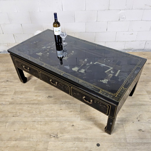Vintage chinesischer Couchtisch / orientalischer Couchtisch (Lackmöbel) Chinoiserie / traditionelle Szene