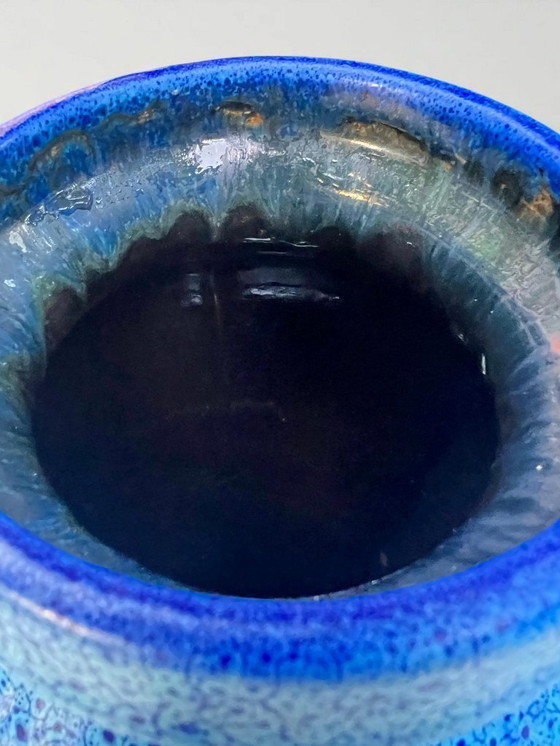 Image 1 of Rarity! Fohr Vintage West Germany vase, model 390-35, blue ceramic vase with lava foam glaze and signature