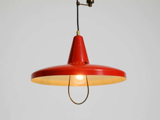 Image 1 of Pendelleuchte aus rotem Aluminium im Mid-Century-Modern-Stil, höhenverstellbar, Italien, 1950