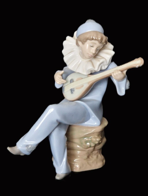 Figurine en porcelaine LLadro - Pierrot/clown avec mandoline (jouant du violon)