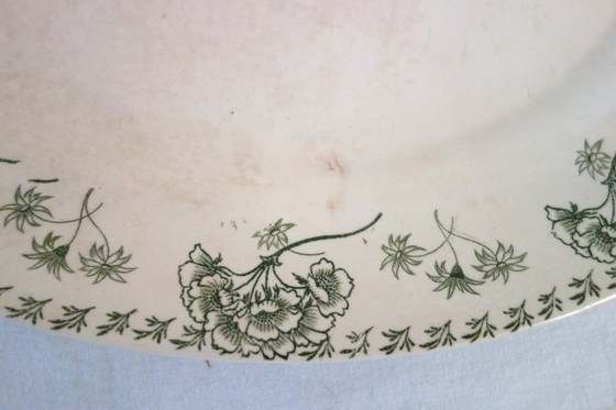 Image 1 of Kleine ijzeren soepterrine of groenteschaal, Palmyre-motief, fabriek van Sarreguemines. Groen bloemendecor. Uitstekende staat.