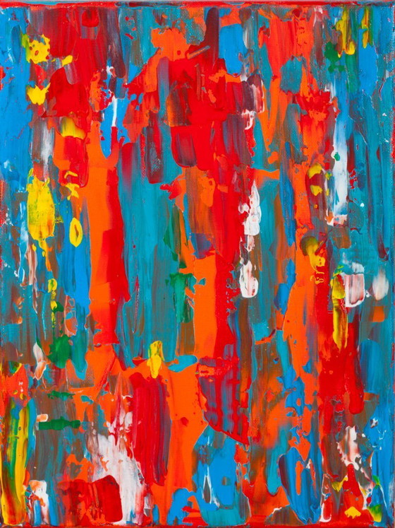 Image 1 of Abstract Red, Orange and Blue original painting on stretched canvas