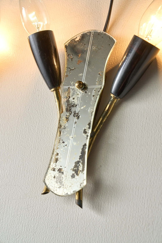 Brass and Mirrored Glass Wall Lamp, 1950s, Wall lights, Plastic, Black, Mid Century Modern (photo 7 of 14)