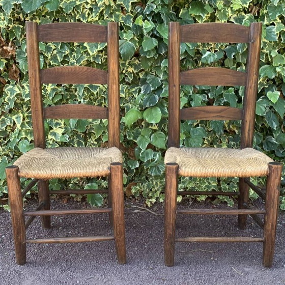 Zwei handgefertigte Stühle mit Strohsitzfläche aus massiver Eiche – Esszimmerstühle, Wood (photo 3 of 12)