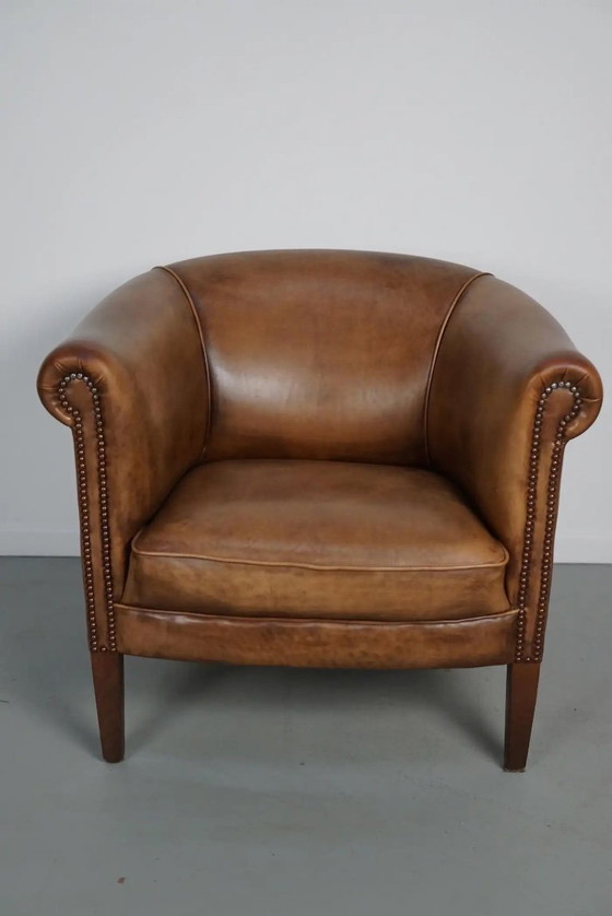 Image 1 of Vintage Nederlandse clubfauteuil van cognackleurig leer