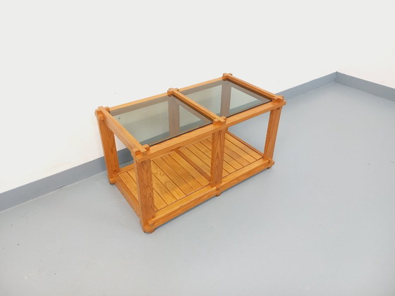Image 1 of Vintage rectangular coffee table in pine and smoked glass from the 70s/80s