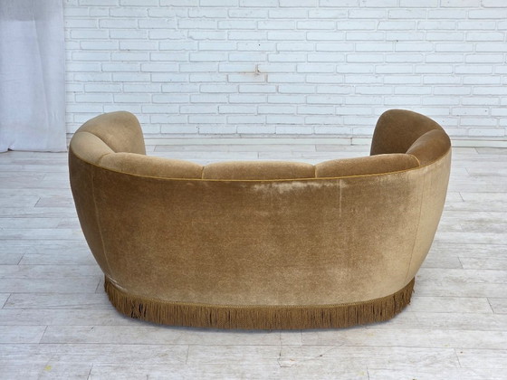 Image 1 of 1960s, Danish "Banana" 2-seater sofa, green furniture velour, oak wood.