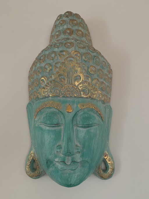 Buddha head wood blue-green and gold