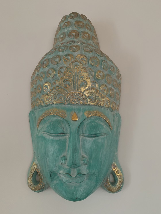 Image 1 of Buddha head wood blue-green and gold