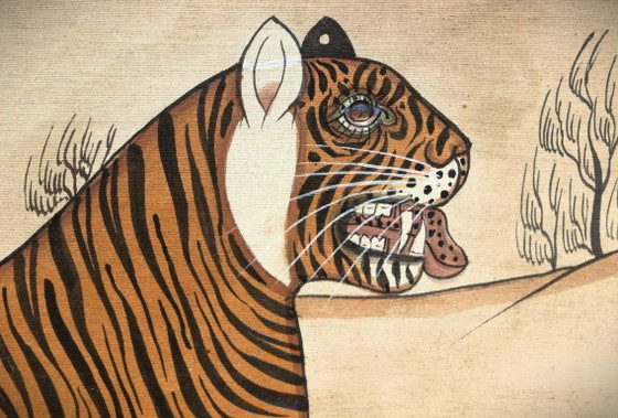 Artiste Inconnu - Tigre dans Cadre en Bambou – Art Décoratif Exotique – Style Années 70 – Peintures et dessins (photo 2 of 6)