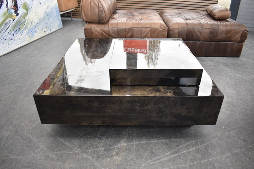 Vintage rood perkament en stalen salontafel met bar van Aldo Tura, Italië 1960