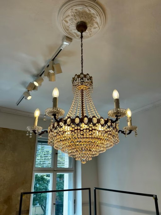 Antique large crystal chandelier, 12-light, bronze/gold, circa 1930 – kroonluchters