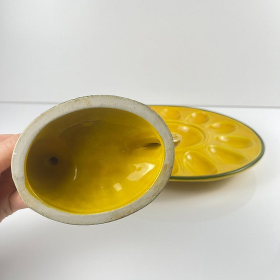 Image 1 of Yellow ceramic egg plate/display stand with hen, 20th century.