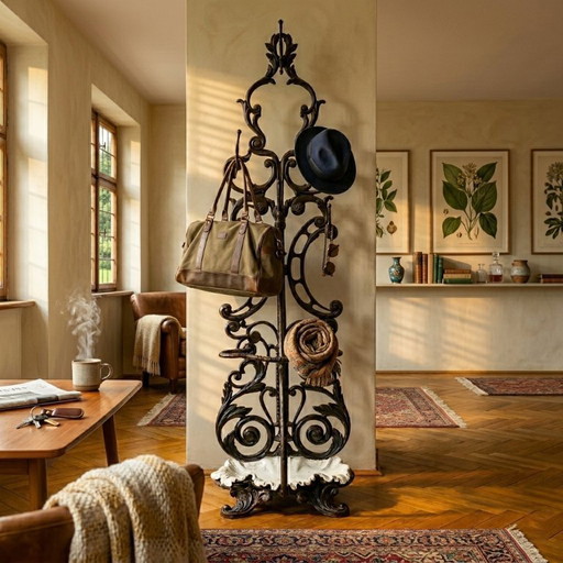 Antique Cast Iron Hall Stand, Victorian Coat Rack with Marble Base, Ornate Hall Tree, 19th Century