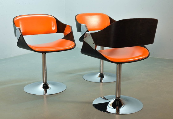 Image 1 of Rudi Verelst Radiant Orange Mid-Century Design Dining Chairs on Chrome Pedestal for Novalux. Set of 6. Belgium, 1960s