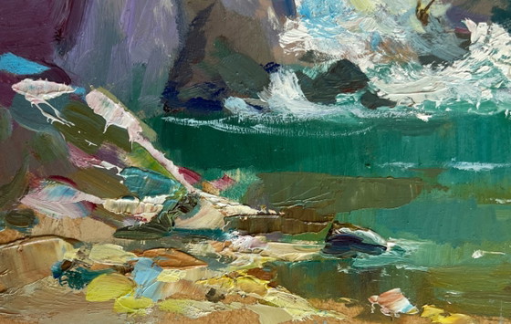 Image 1 of Original Oil Painting Summer Mountains Landscape There is a waterfall in the mountains