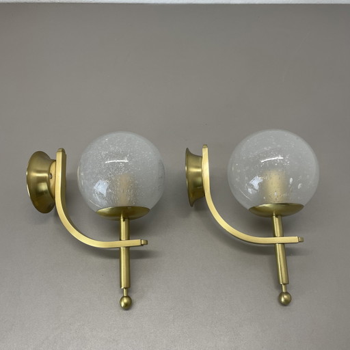 Set Of Two Minimalist Brass And Glass "Ball" Wall Light Sconces, Italy 1970S