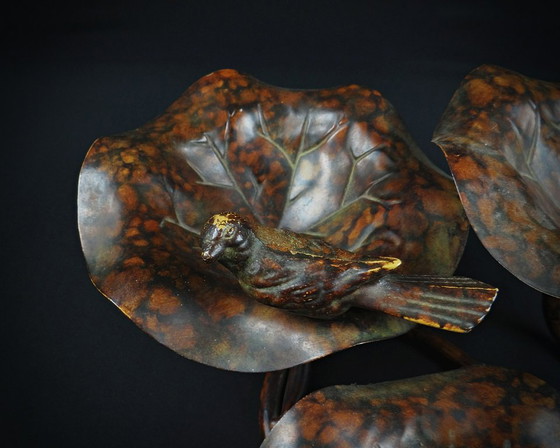 Image 1 of Birdbath in patinated metal, three-level lotus leaf form