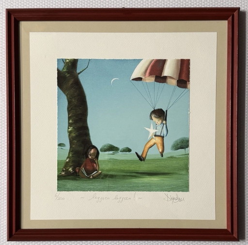 Giclée-schilderij van Diego Santini, 35x35 cm, lichtgewicht! Ingelijst. – giclee prints, Paper, Wood