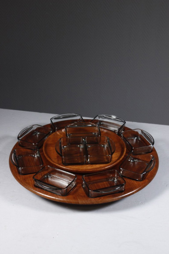 Image 1 of Digsmed Danimarca - Vassoio da portata in teak e vetro con base girevole, design anni '60
