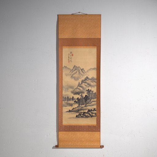 Antieke Japanse kakejiku van een landschap in inkt op papier – Japan, circa 1900