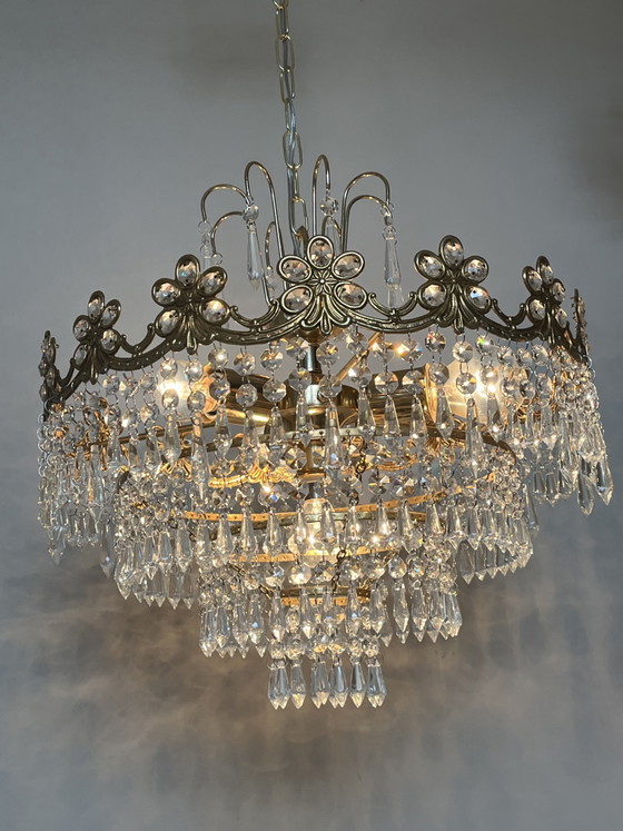 Image 1 of Art Nouveau style openwork frame crystal chandelier with crystal beads