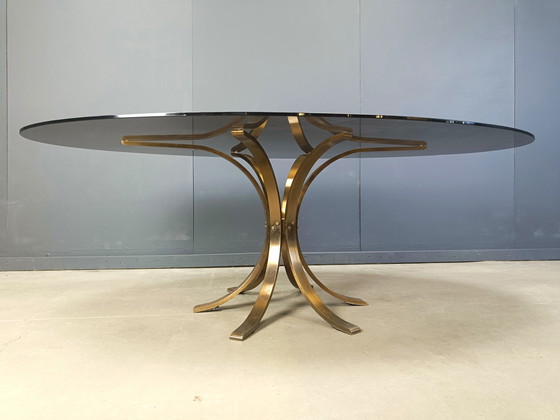 Image 1 of Tavolo da pranzo ovale in ottone e vetro vintage, anni '70