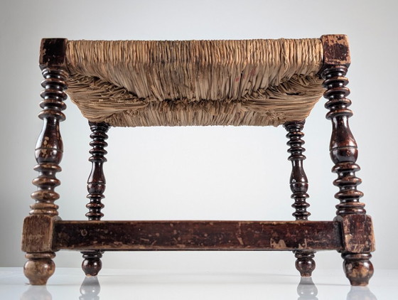 Image 1 of Spanish Provincial Bobbin-Turned Rush Bench, 1940s