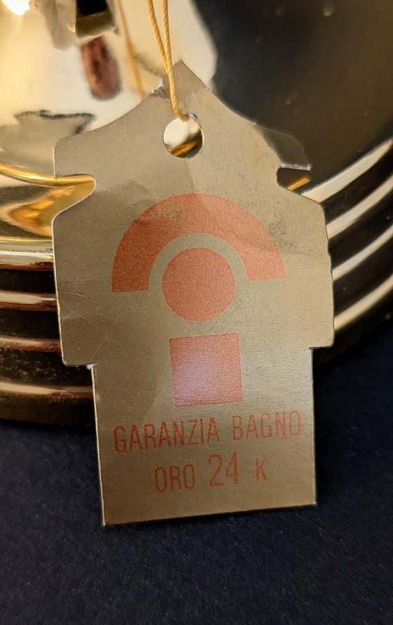 Image 1 of Lampada da Tavolo Vintage Italiana, Vetro Bianco con Bordo Nero, Ottone Bagnato in Oro 24 kt, New Old Stock