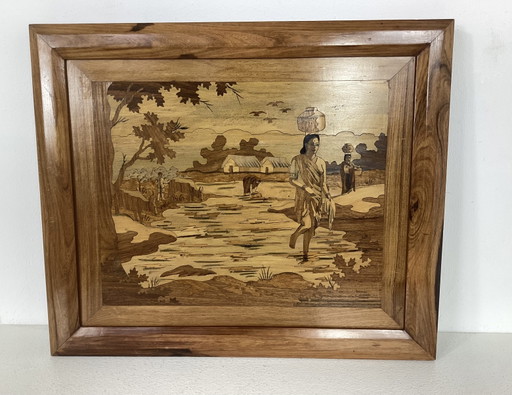 Vintage inlaid wood panel with an oriental image
