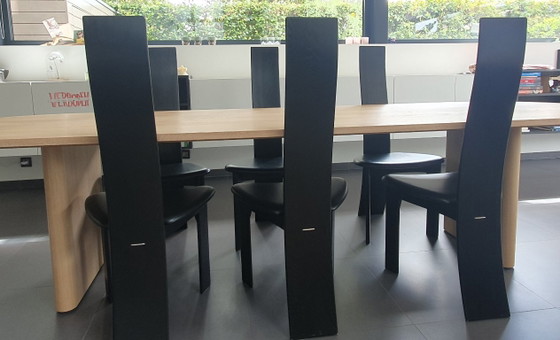 Set Van 6 Vintage Zwarte 'Iris' Stoelen – Van Den Berghe - Pauvers – Eetkamerstoelen, Wood, Leather (photo 2 of 9)
