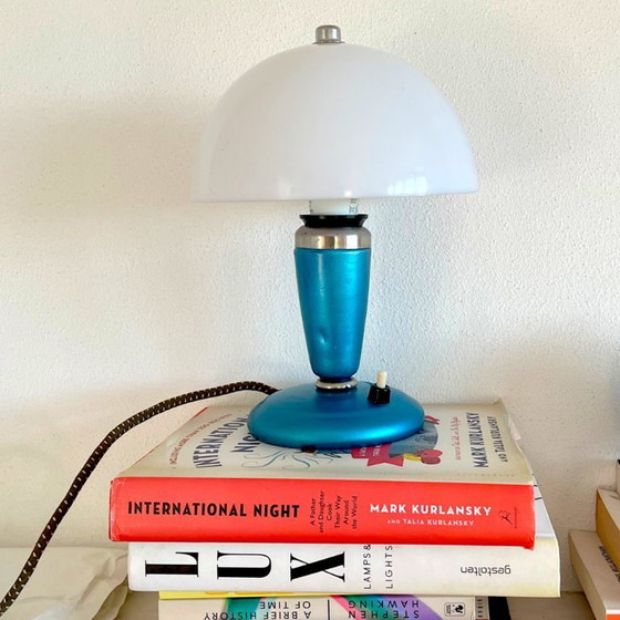 Rare Blue Metal Mushroom Table Lamp From USSR 1963 – Electrobut, Plastic (photo 4 of 11)