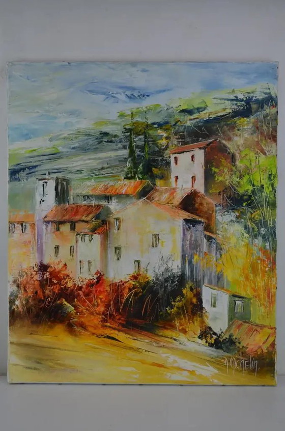 Ölgemälde von Agnes Michelin im impressionistischen Stil, spätes 20. Jahrhundert, "Dorf in Burgund, bei (photo 3 of 11)