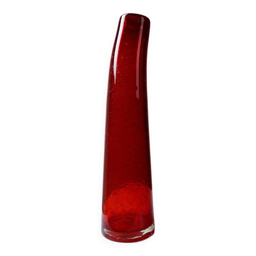 Red blown glass bubble tube vase in Murano style, vintage 80s-90s.