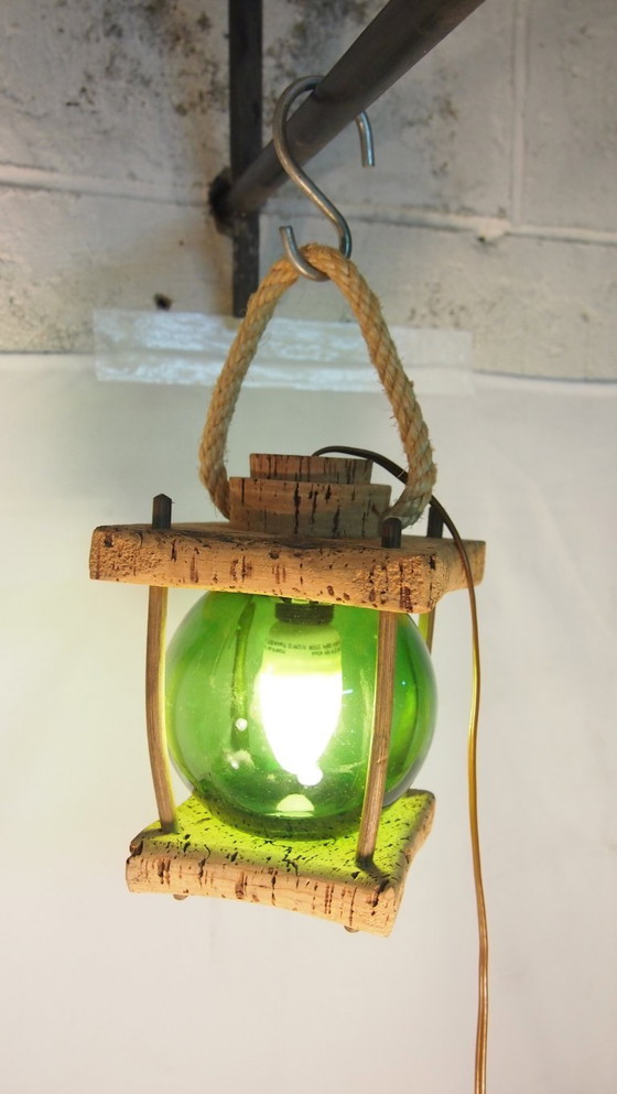 Image 1 of Franse Mid-Century Nautische Lantaarn Tafellamp, Mediterraan Kurk & Gerookt Glas, Jaren 60 Kustontwerp, Vintage Zeedecoratie