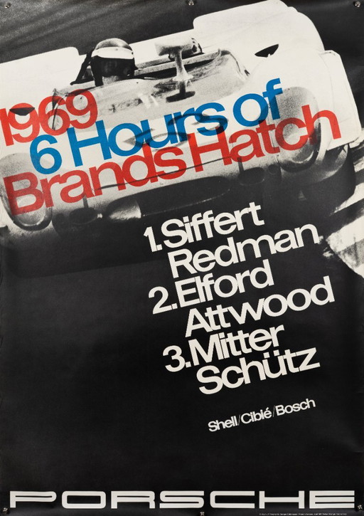 Porsche 6 uur van Brands Hatch – 1969 – Originele vintage Porsche poster van Strenger – Mid-Century Modern – 118,9 x 84,1 cm