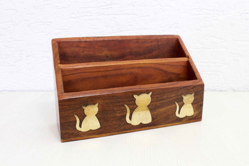 Vintage houten en messing brievenhouder 1970