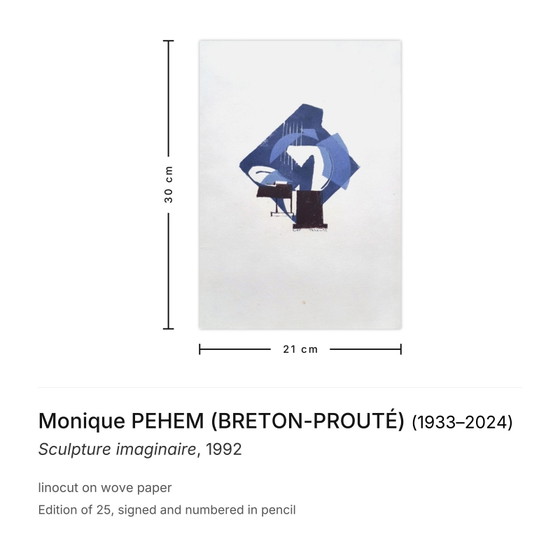 Image 1 of Monique PEHEM (BRETON-PROUTÉ) Beeldhouwkunst imaginaire Gesigneerde linosnede 1992