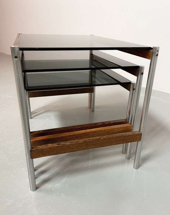 Image 1 of Fristho Mid-Century Dutch Design Nesting Tables with Smokey Glass Top and Wenge with Chrome Base, Set of 3, 1960s.