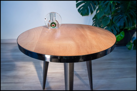 Image 1 of Guéridon Tripode Année 50, Table d'Appoint, Bois et Métal Gainé