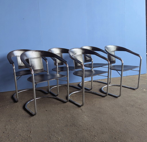 6 chaises design vintage italien - Chrome et cuir