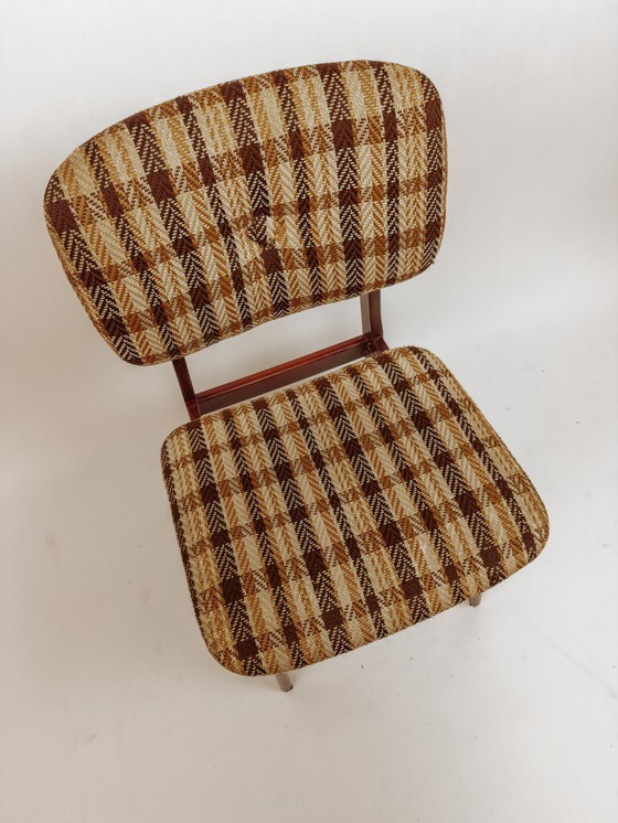 Image 1 of 4x Vintage houten eetkamerstoelen met blokte stof