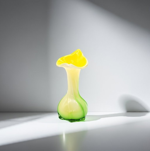 Murano yellow-green art glass vase - Heart/Flower rim - Italian design, H 20cm