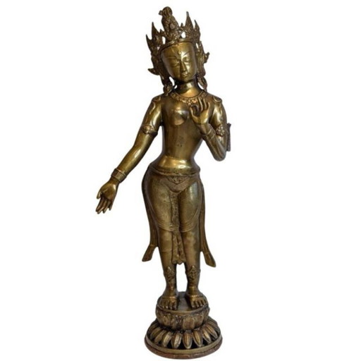 Tara debout monumentale népalaise en bronze doré au feu – XVIIIe/début XIXe siècle - 089 – beeldhouwkunst (photo 2 of 17)