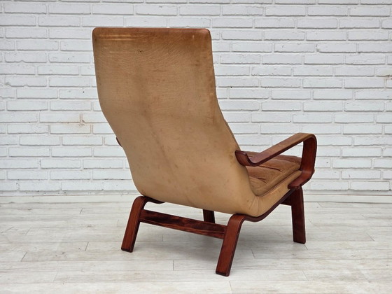 Jaren 70, Scandinavische Hoge Rug Fauteuil, Meubelleer, Gebogen Hout – Canvas (photo 10 of 20)