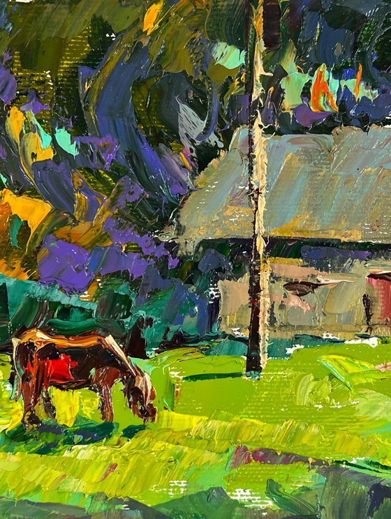 Image 1 of Peinture à l'huile originale représentant un paysage rural et une journée d'été au village