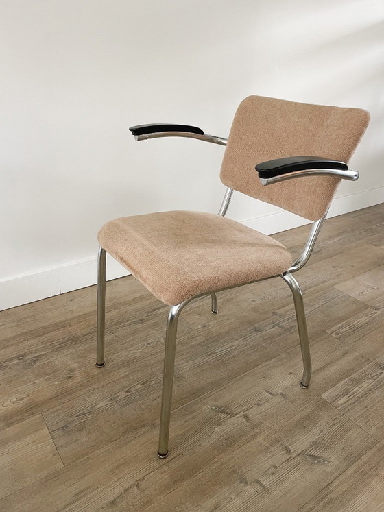 Image 1 of Ensemble de 4 chaises vintage à structure tubulaire | retapissées | avec accoudoirs